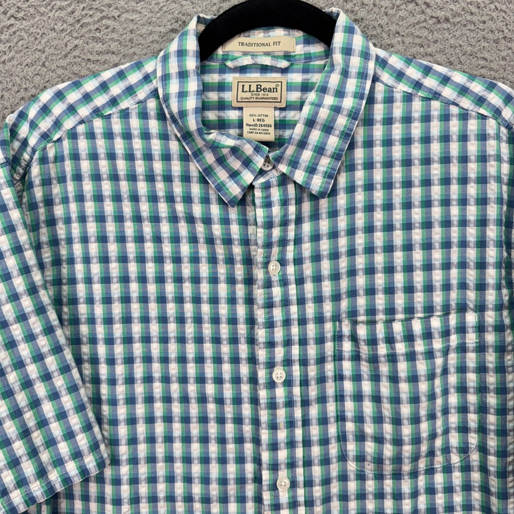 LL Bean Shirt Mens L Green Blue Gingham Seersucker Short Sleeve Preppy Outdoor